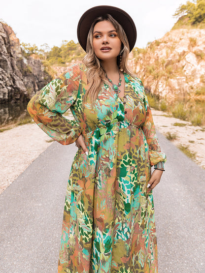 Plus Size Floral V-Neck Long Sleeve Dress-Jewearrings