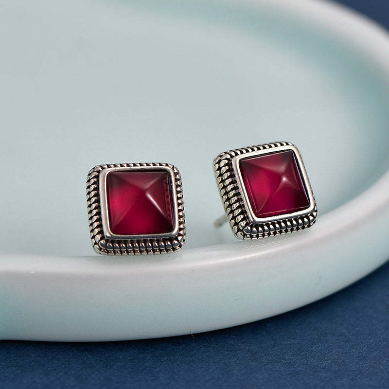 S925 Silver Vintage Court Style Simple Geometric Square Ruby Stud Earrings-Jewearrings