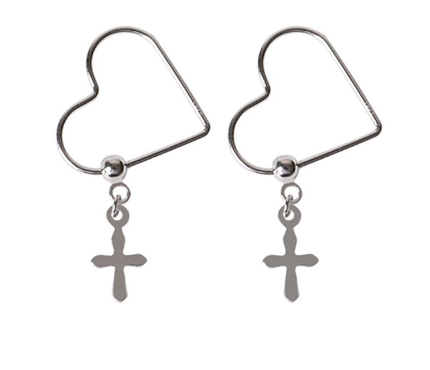 Cross earrings heart 925 pure sterling silver fashion trendy design simple wild earrings for women charms jewelry gift-Jewearrings