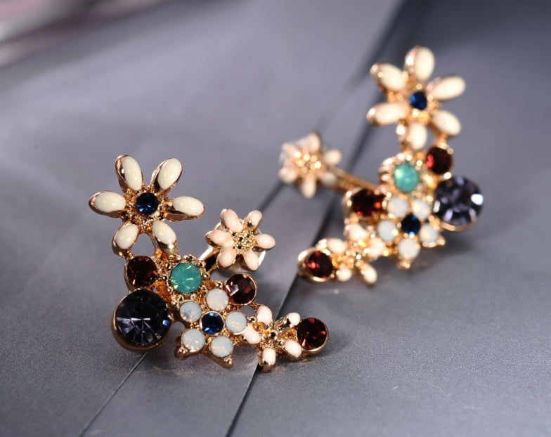 S925 silver needle Korea sweet flower earrings crystal color diamond earrings temperament personality after hanging fashion earrings-Jewearrings