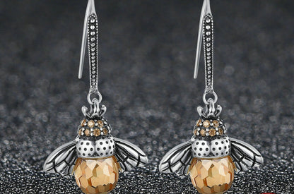 New Cute Little Bee Ladies Sterling Silver Earrings Female Personality Animal Zircon Crystal Earrings-Jewearrings