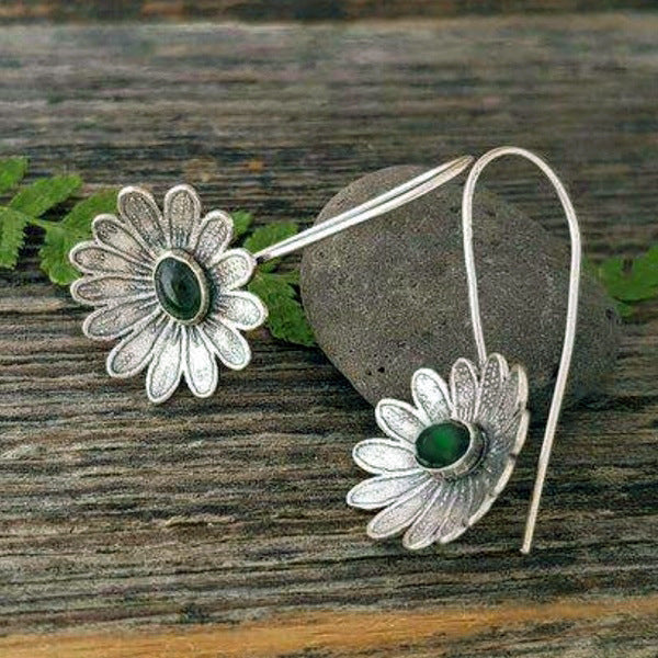 Ancient Silver Lotus Emerald Earrings-Jewearrings