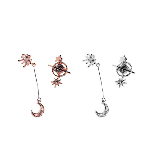 Asymmetric star and moon s925 sterling silver ladies earrings-Jewearrings