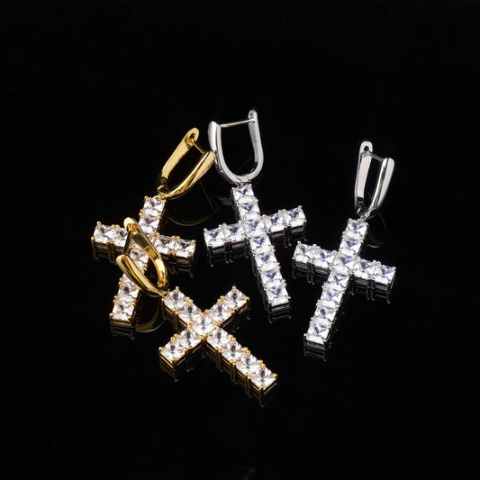 Square zircon Cross Earrings-Jewearrings