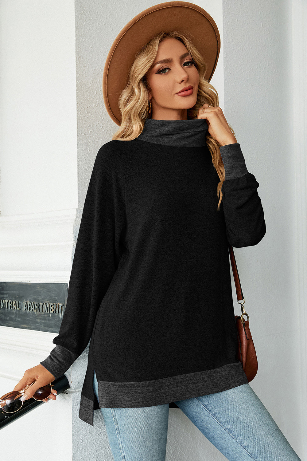 Slit Mock Neck Long Sleeve T-Shirt-Jewearrings