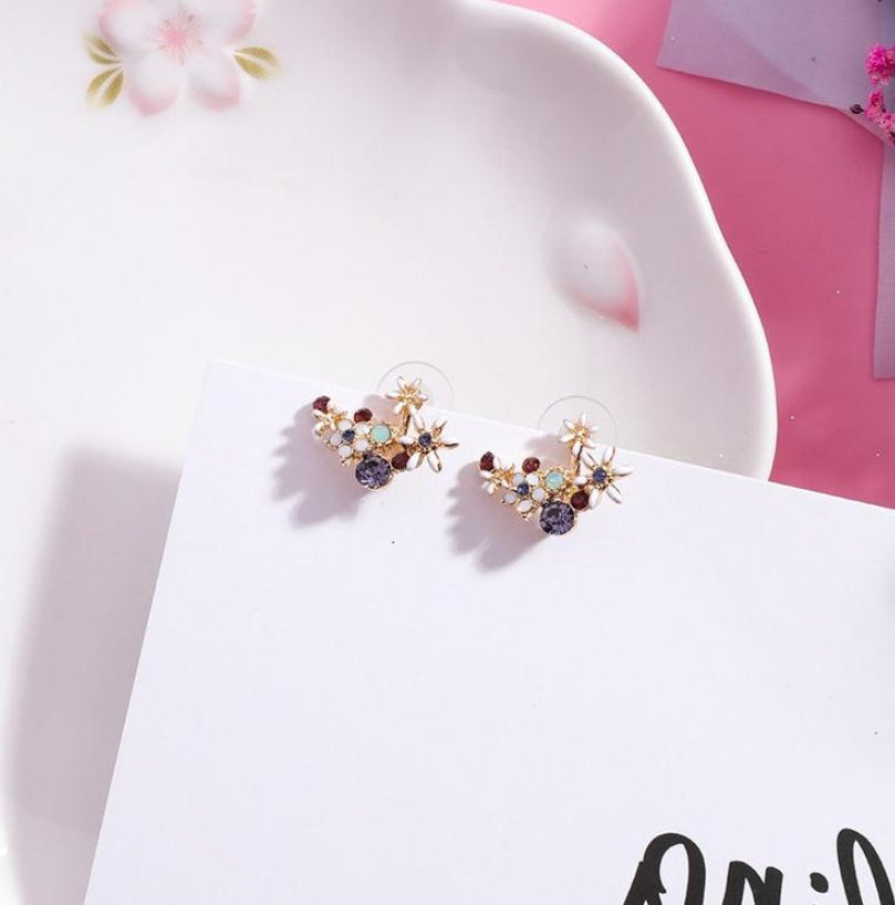 S925 silver needle Korea sweet flower earrings crystal color diamond earrings temperament personality after hanging fashion earrings B377-Jewearrings