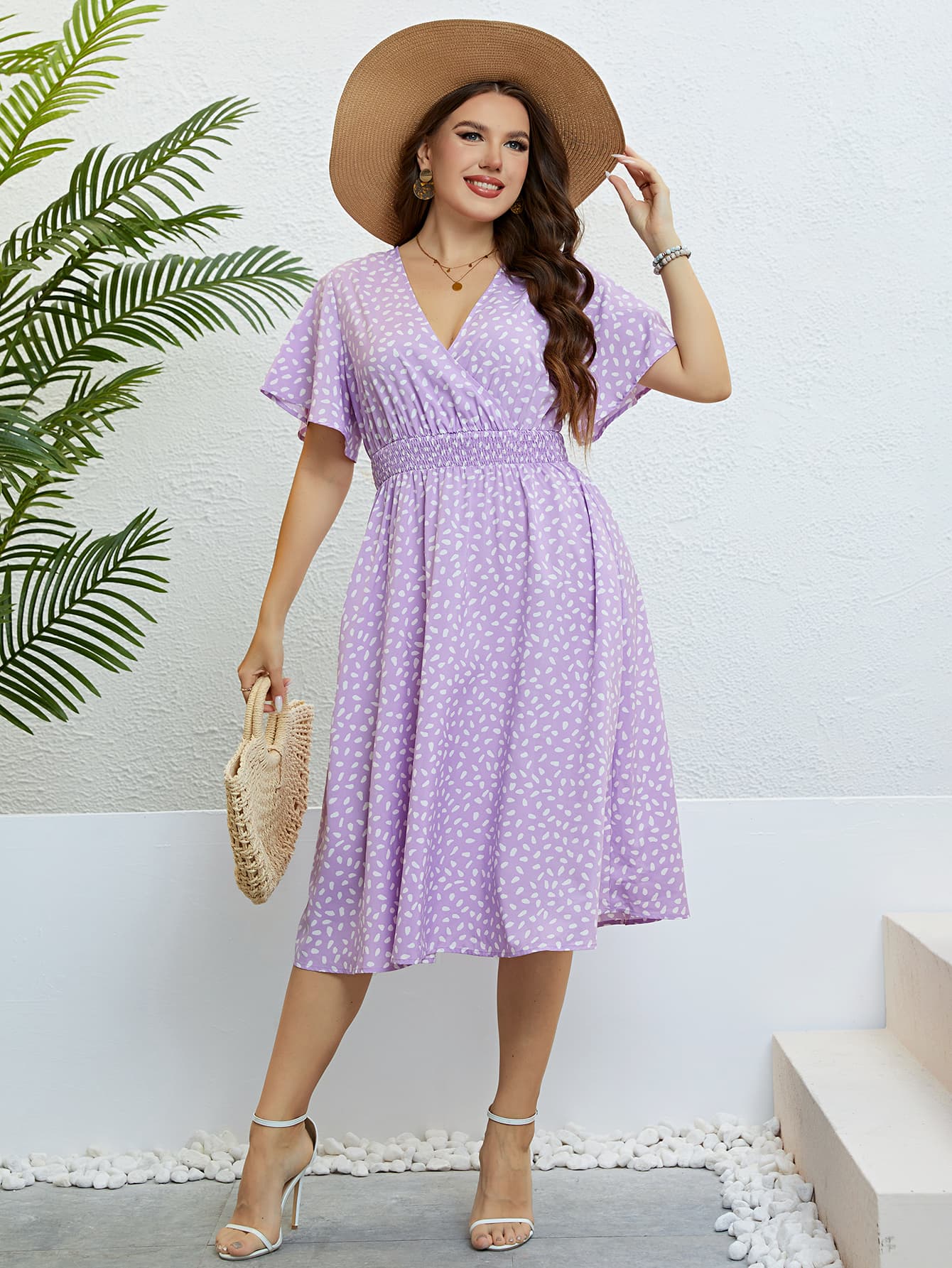 Plus Size Printed Smocked Waist Surplice Dress-Jewearrings