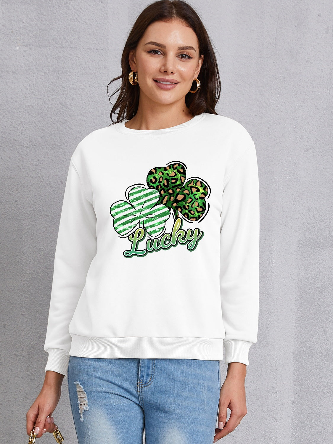 Lucky Clover Round Neck Dropped Shoulder Sweatshirt-Jewearrings