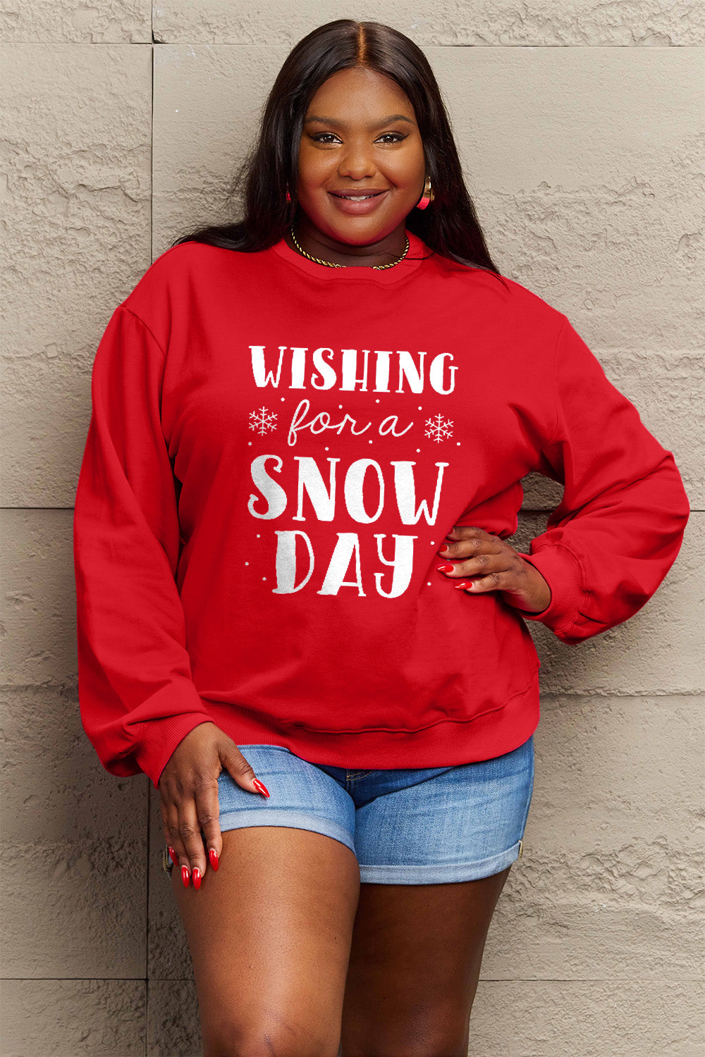 Simply Love Full Size WISHING FOR A SNOW DAY Round Neck Sweatshirt-Jewearrings