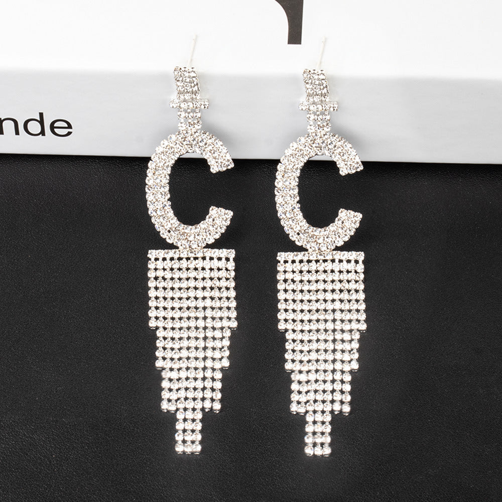 Fashion Jewelry 925 Silver Needle Ornaments Rhinestone Letter B Earrings Banquet Tassel Ear Ornaments Female-Jewearrings