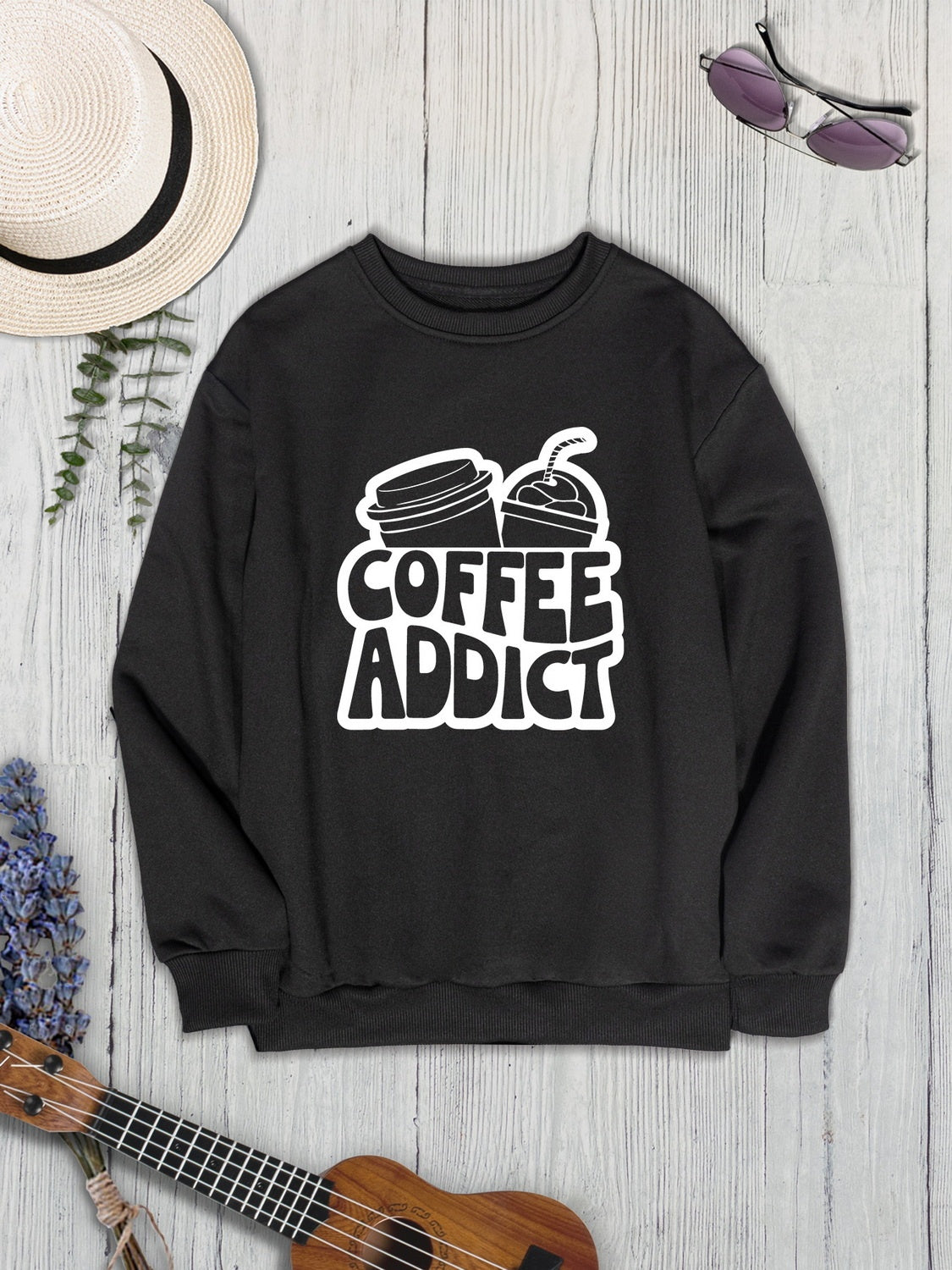 COFFEE ADDICT Round Neck Dropped Shoulder Sweatshirt-Jewearrings