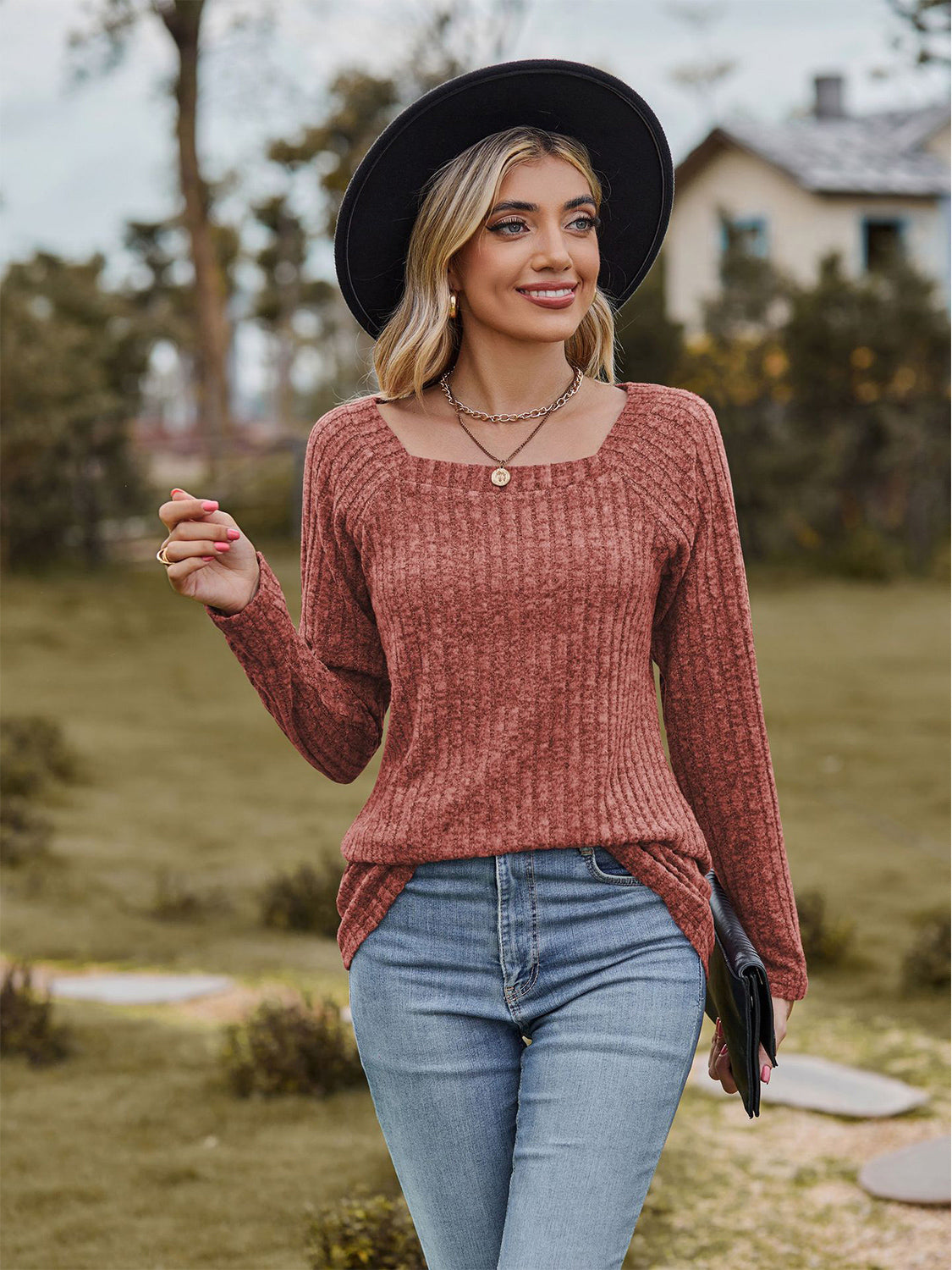 Full Size Ribbed Square Neck Long Sleeve T-Shirt-Jewearrings