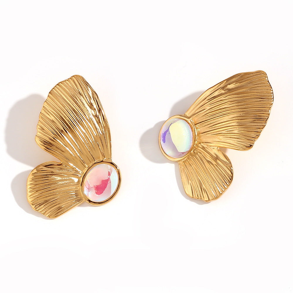 Stainless Steel 18K Gold Plating Cast Colorful Crystals Butterfly Wings Stud Earrings-Jewearrings