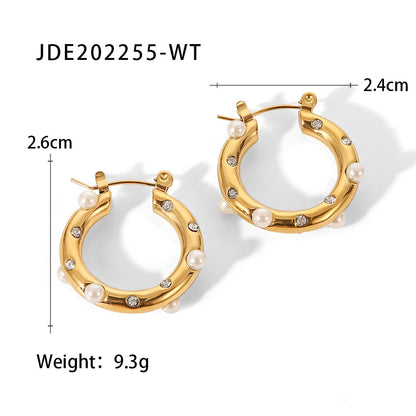 Women's Fashion Stainless Steel Inlaid Pearl Zircon Earrings-Jewearrings