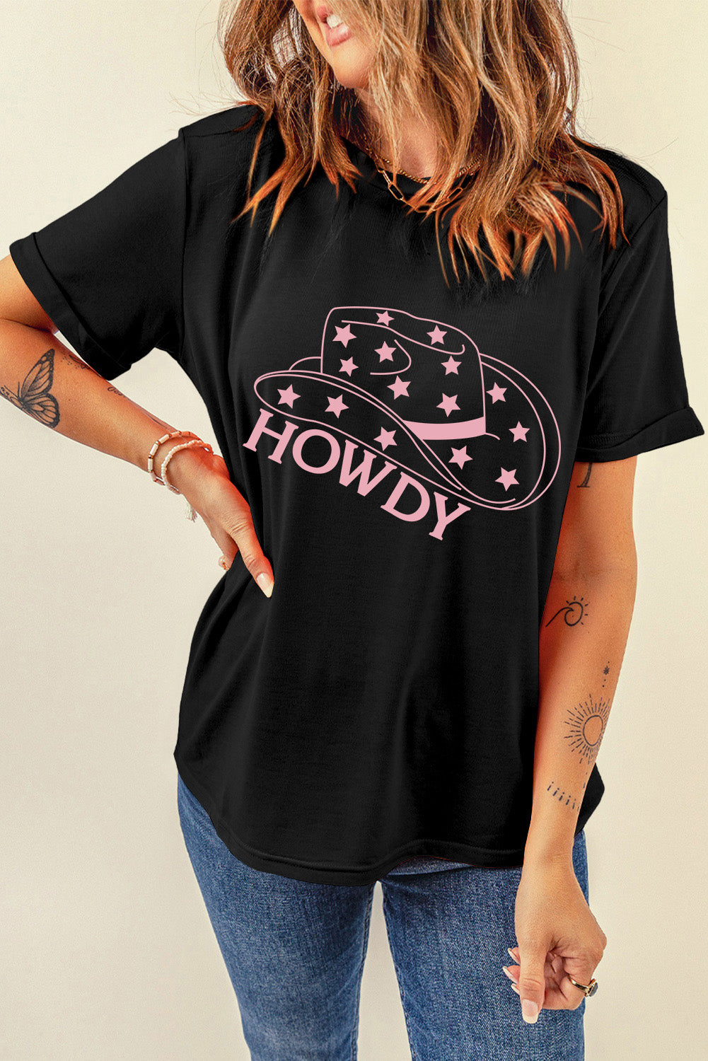 HOWDY Round Neck Short Sleeve T-Shirt-Jewearrings