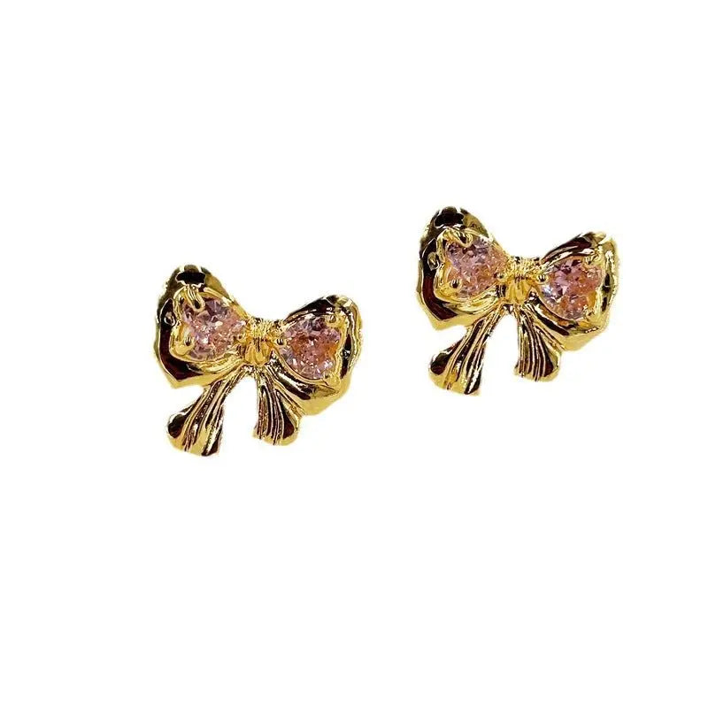 18K Gold Bow and Heart Stud Earrings with Zirconia-Jewearrings