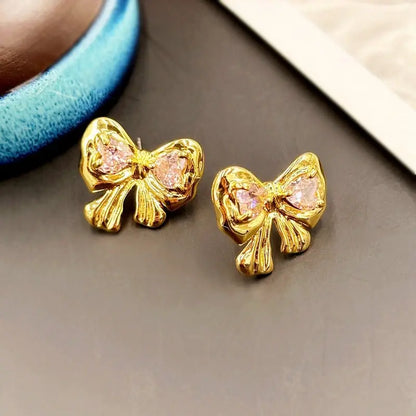 18K Gold Bow and Heart Stud Earrings with Zirconia-Jewearrings