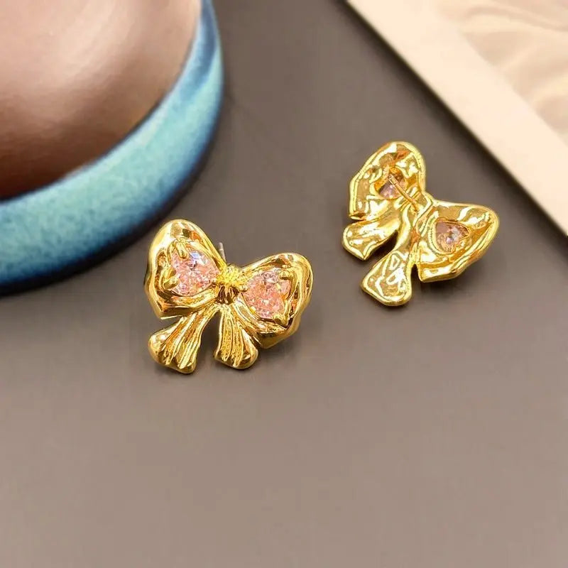 18K Gold Bow and Heart Stud Earrings with Zirconia-Jewearrings