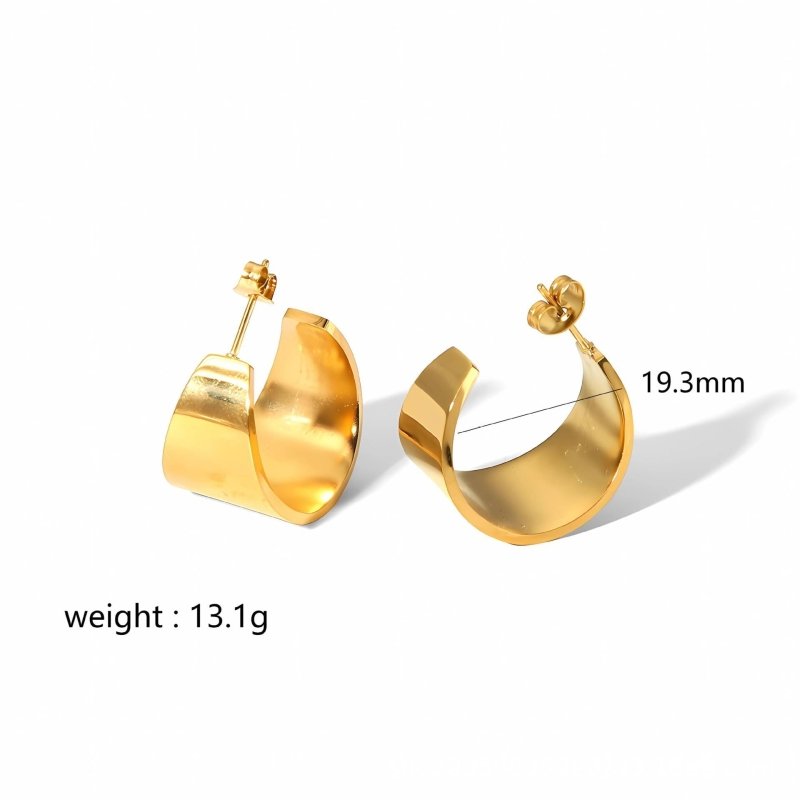 18K Gold C- Shaped Wide Large Glossy Earrings-Jewearrings