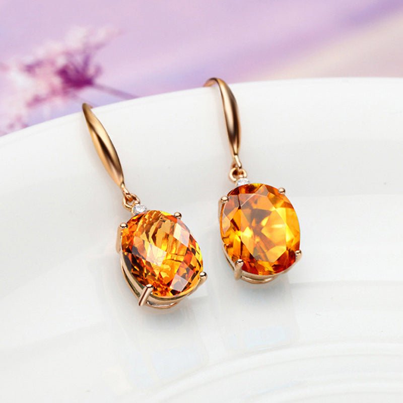 18K Gold Oval Earrings Colored Gems, Champagne Jewelry-Jewearrings