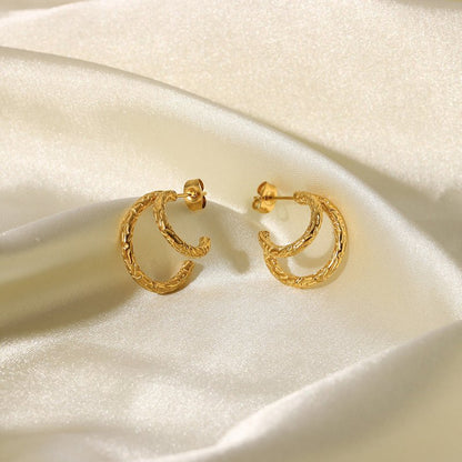 18K Gold Plated Irregular Hammer Print Double Line Earrings-Jewearrings