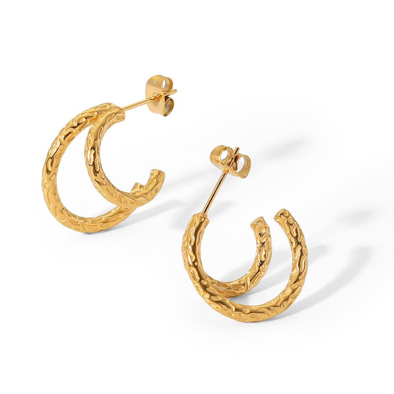 18K Gold Plated Irregular Hammer Print Double Line Earrings-Jewearrings