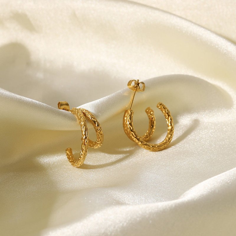 18K Gold Plated Irregular Hammer Print Double Line Earrings-Jewearrings