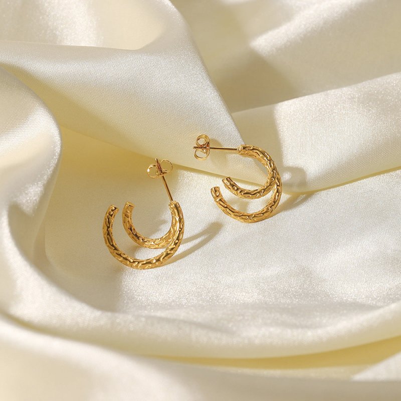 18K Gold Plated Irregular Hammer Print Double Line Earrings-Jewearrings