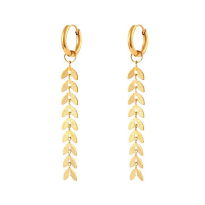 18K Gold-plated Long Leaf Fishtail Chain Earrings-Jewearrings