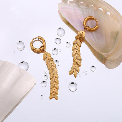 18K Gold-plated Long Leaf Fishtail Chain Earrings-Jewearrings