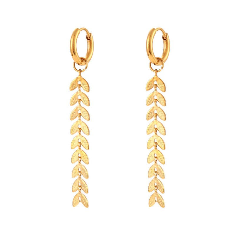 18K Gold-plated Long Leaf Fishtail Chain Earrings-Jewearrings