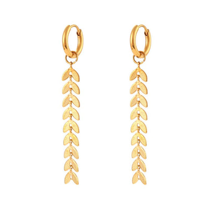 18K Gold-plated Long Leaf Fishtail Chain Earrings-Jewearrings