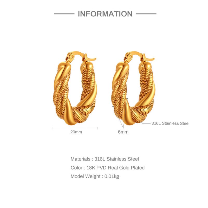 18K Gold-plated Stainless Steel Fried Dough Twist Ring Earrings-Jewearrings