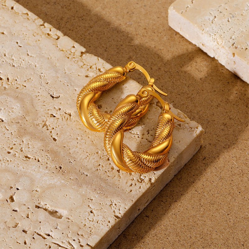 18K Gold-plated Stainless Steel Fried Dough Twist Ring Earrings-Jewearrings