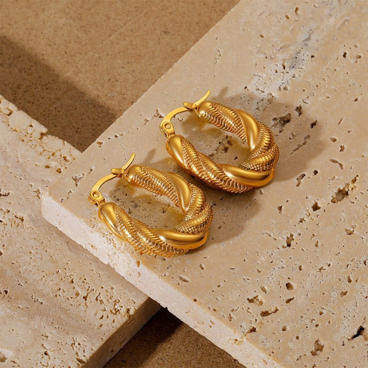 18K Gold-plated Stainless Steel Fried Dough Twist Ring Earrings-Jewearrings