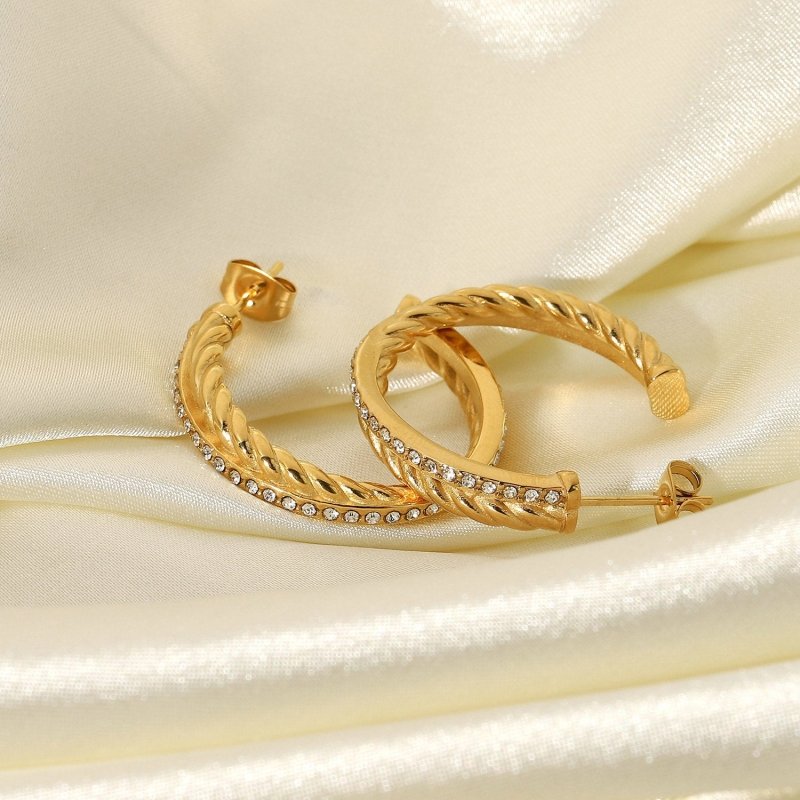 18K Gold-plated Stainless Steel Zircon Twist Cross C-shaped Earrings-Jewearrings