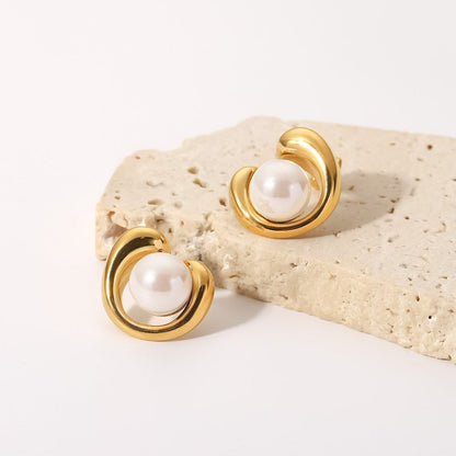 18K Gold Stainless Steel Earrings Geometric Pearl Stud Earrings-Jewearrings