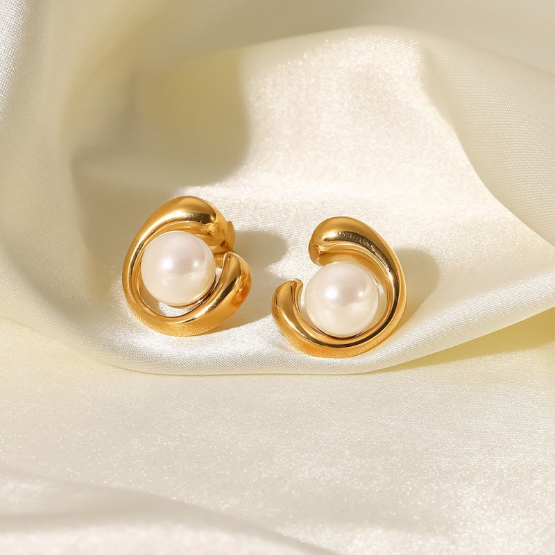 18K Gold Stainless Steel Earrings Geometric Pearl Stud Earrings-Jewearrings