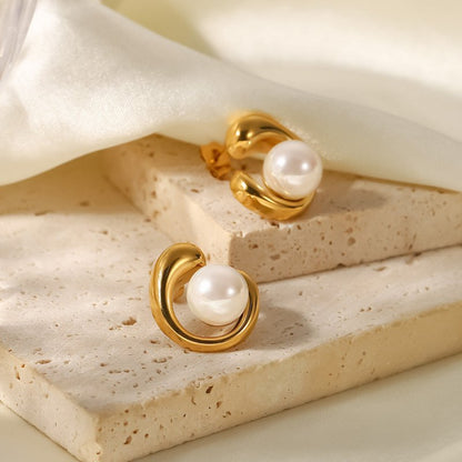 18K Gold Stainless Steel Earrings Geometric Pearl Stud Earrings-Jewearrings