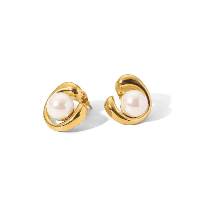 18K Gold Stainless Steel Earrings Geometric Pearl Stud Earrings-Jewearrings