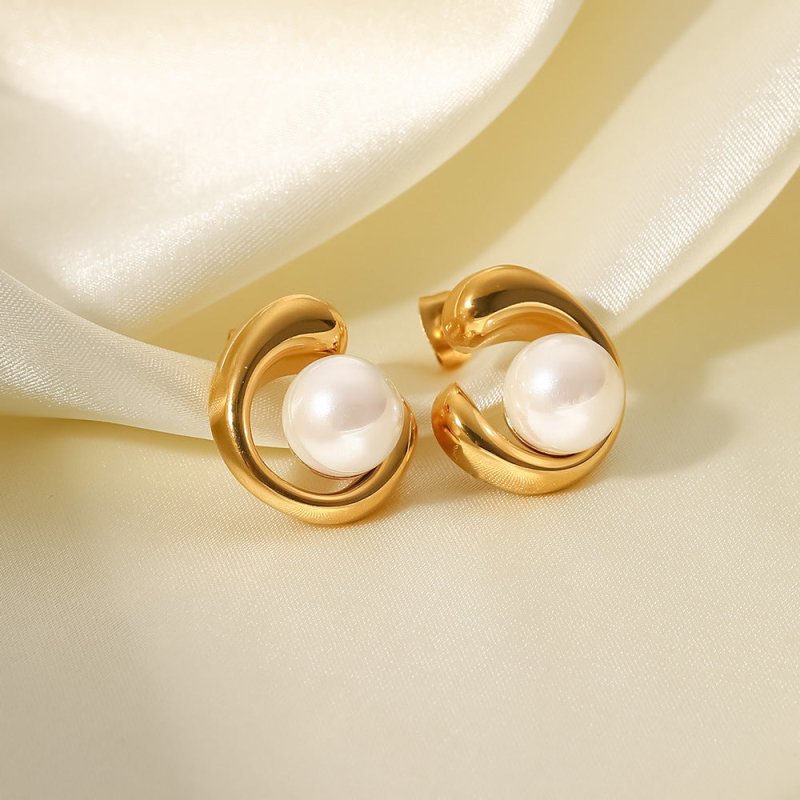 18K Gold Stainless Steel Earrings Geometric Pearl Stud Earrings-Jewearrings