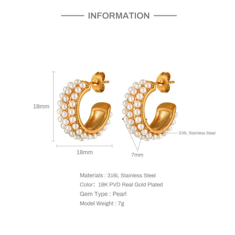 18K Gold Stainless Steel Fashion Personality C-shaped Pearl Earrings-Jewearrings