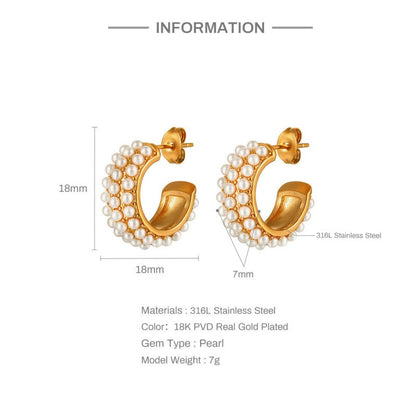 18K Gold Stainless Steel Fashion Personality C-shaped Pearl Earrings-Jewearrings