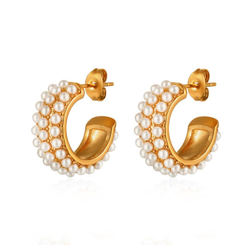 18K Gold Stainless Steel Fashion Personality C-shaped Pearl Earrings-Jewearrings