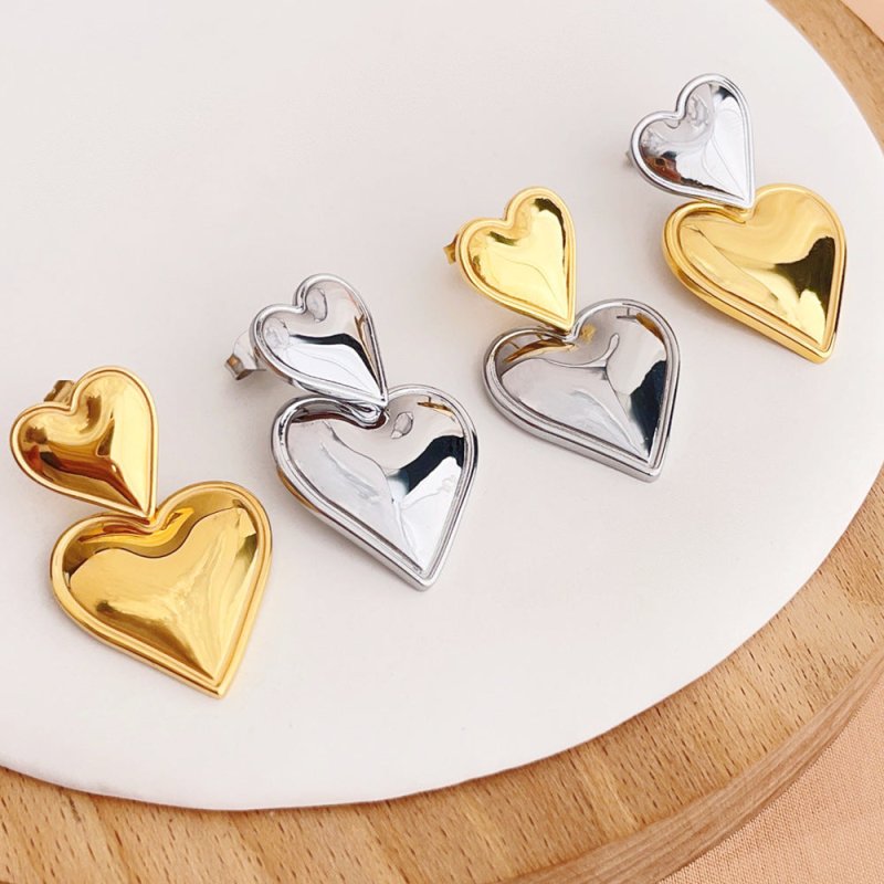 18K Gold Stainless Steel Heart-shaped Gold And Silver Color Matching Earrings-Jewearrings