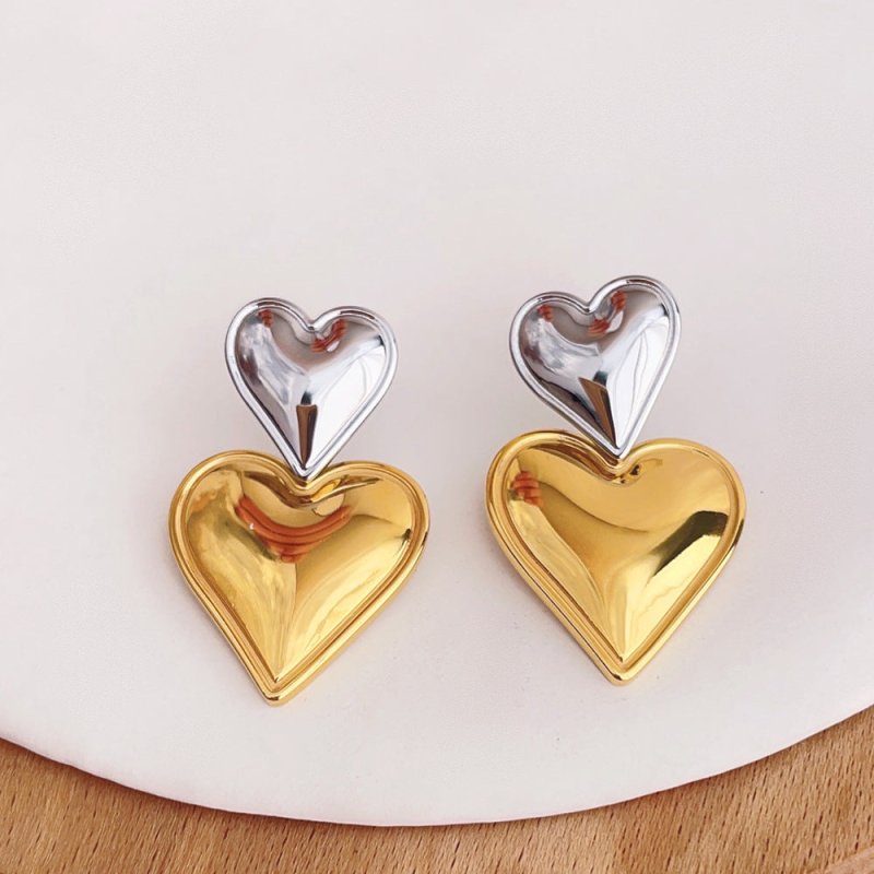 18K Gold Stainless Steel Heart-shaped Gold And Silver Color Matching Earrings-Jewearrings