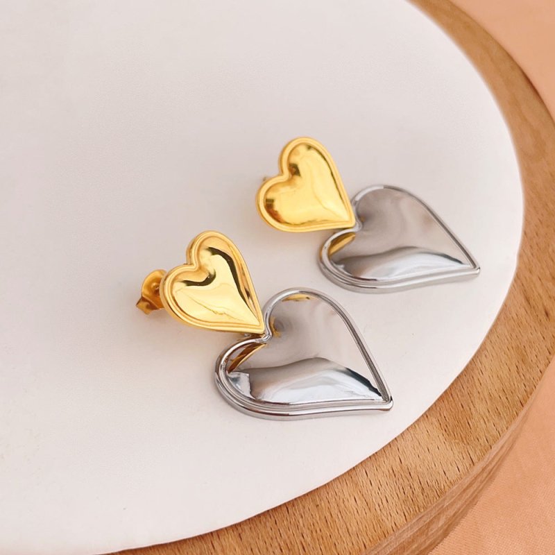 18K Gold Stainless Steel Heart-shaped Gold And Silver Color Matching Earrings-Jewearrings