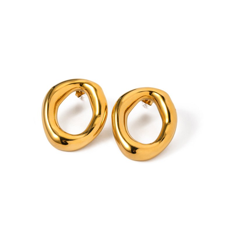 18K Gold Stainless Steel Hollow Oval Hollow Stud Earrings-Jewearrings