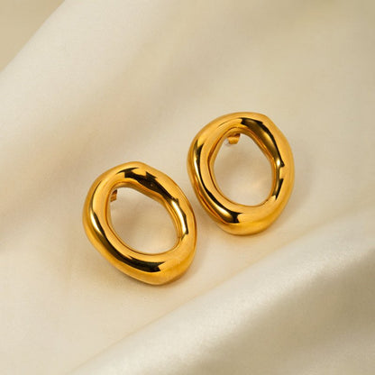 18K Gold Stainless Steel Hollow Oval Hollow Stud Earrings-Jewearrings