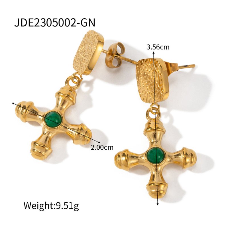 18K Gold Stainless Steel Inlaid Tigereye Cross Pendant Earrings For Women-Jewearrings